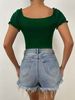 fashion Square Collar Slim Lace Short-sleeved Short T-shirt Pleated Design Pure Color Top_ecoleips.com