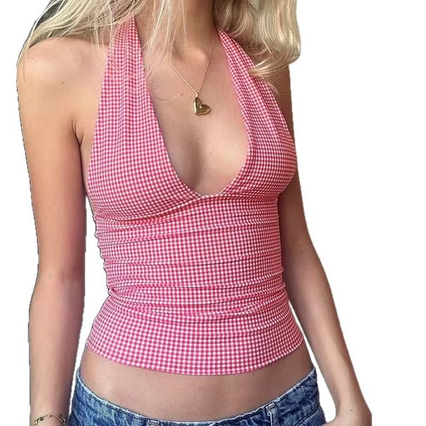 Sexy Deep V Plaid Corset Top – Crisscross Lace-Up Waist & Strappy Design (S-L) – Red/Pink/Black/Blue/Army Green/White – Y2K Clubwear & Street Fashion_ecoleips.com