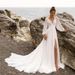 Elegant V-Neck Long Sleeve Chiffon Wedding Dress With Small Train – Boho Beach Bridal Gown For Photoshoot, Flattering High Waist(US2-26W, Ivory/White)_ecoleips.com
