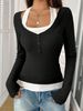 Women's Clothing Autumn Style Faux Two Piece Women's Camisole Long Sleeve T-Shirt Sexy_ecoleips.com