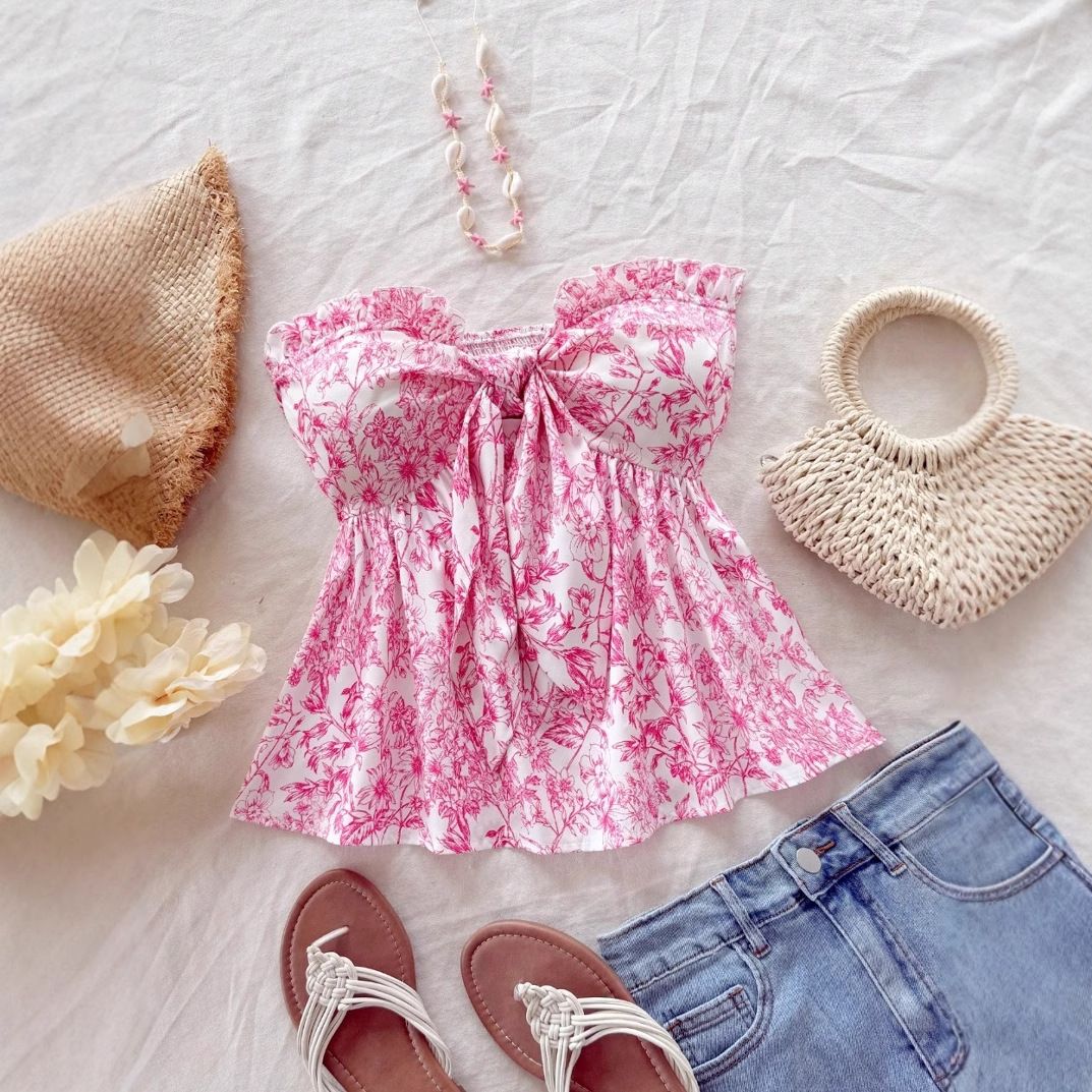 Women's Casual Floral Print Top Pink Spring/Summer New Resort Front Tie up Ruffle European American Style_ecoleips.com