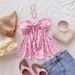 Women's Casual Floral Print Top Pink Spring/Summer New Resort Front Tie up Ruffle European American Style_ecoleips.com