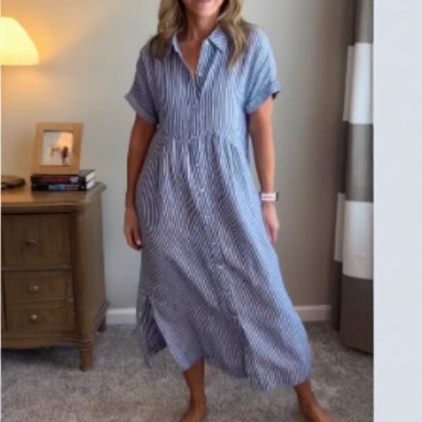 Loose, Large-Sized Striped Short-Sleeved Shirt Dress For Women, Summer Casual Cotton And Linen Mid-Length Dress_ecoleips.com