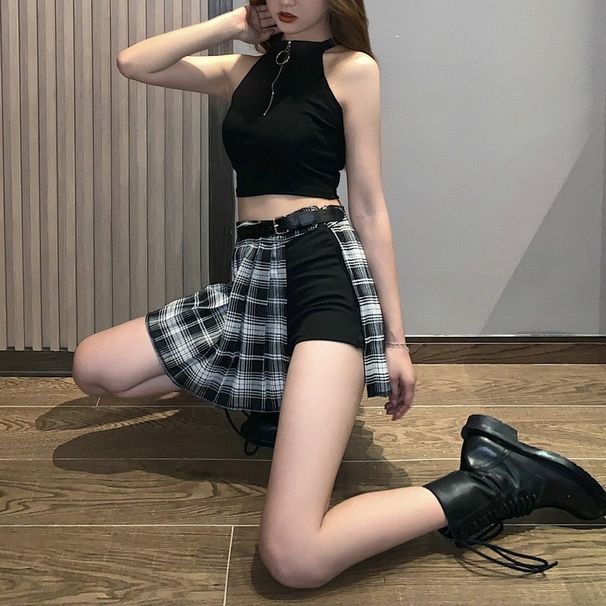 Verve American Style Hot Girl Group Design Plaid Pleated Irregular Jazz Dance A-line Short Skirt Pants_ecoleips.com