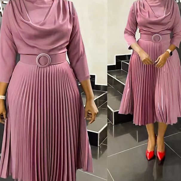 Women's Clothing New Autumn Women's Fashion African Large Size Solid Color Pleated Dress_ecoleips.com