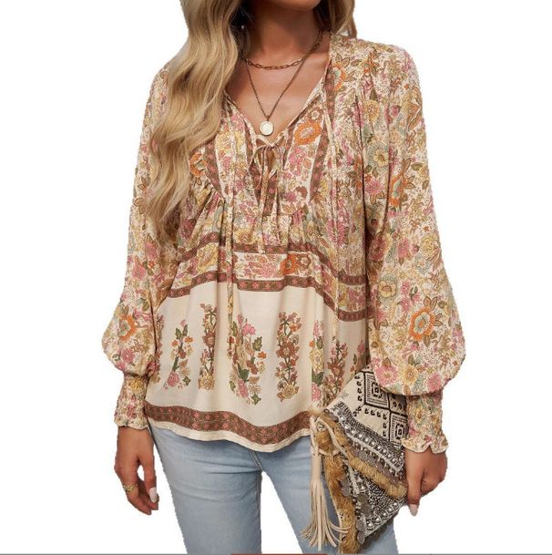 Women's Bohemian Resort Style Blouse V Neck Tie Waist Long Sleeve Printed Shirt European American Foreign Trade Fashion_ecoleips.com