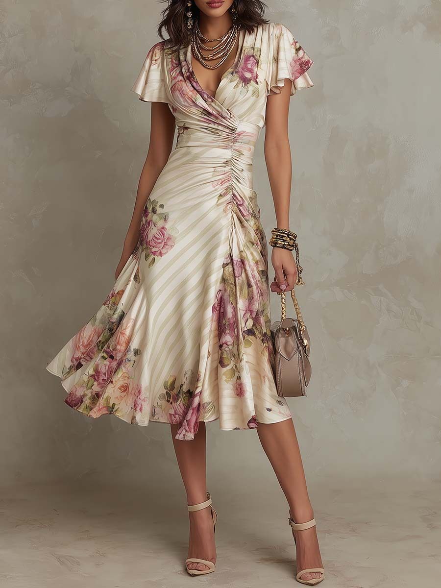 Elegant V-Neck Floral Wrap Dress – Satin A-Line Midi Dress With Ruffle Hem (S-Xxl) – Chic Summer Party Dress_ecoleips.com