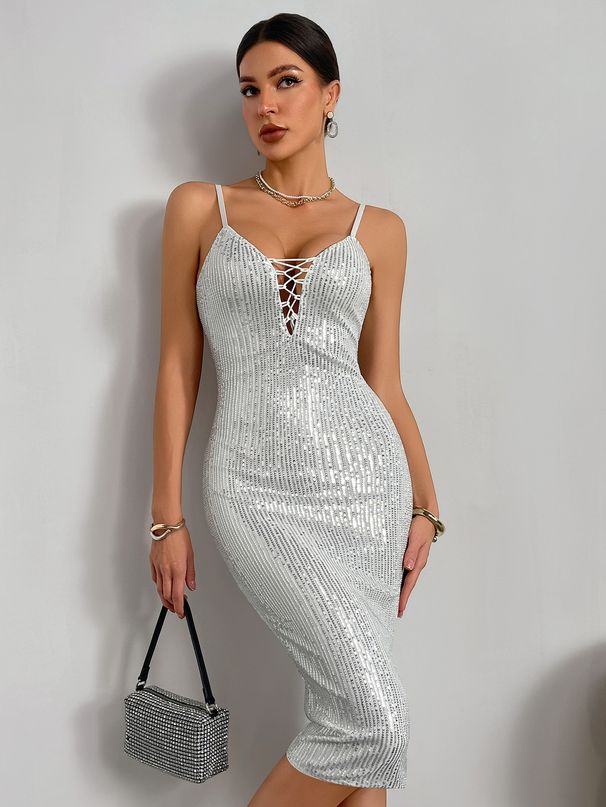Women's Clothing Sexy V Neck Solid Color Hip Wrapped Medium Length Banquet Evening Dress_ecoleips.com