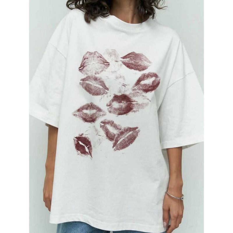 Summer New Niche Unique Design Printed Cotton Round Neck T-Shirt For Women Loose Versatile Casual Top Trendy Ins_ecoleips.com