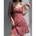 French Vintage Style V-neck Red Floral Print Camisole Slim-fit, Waist-cinching, Tie-waist Short Dress, Vacation Dress_ecoleips.com