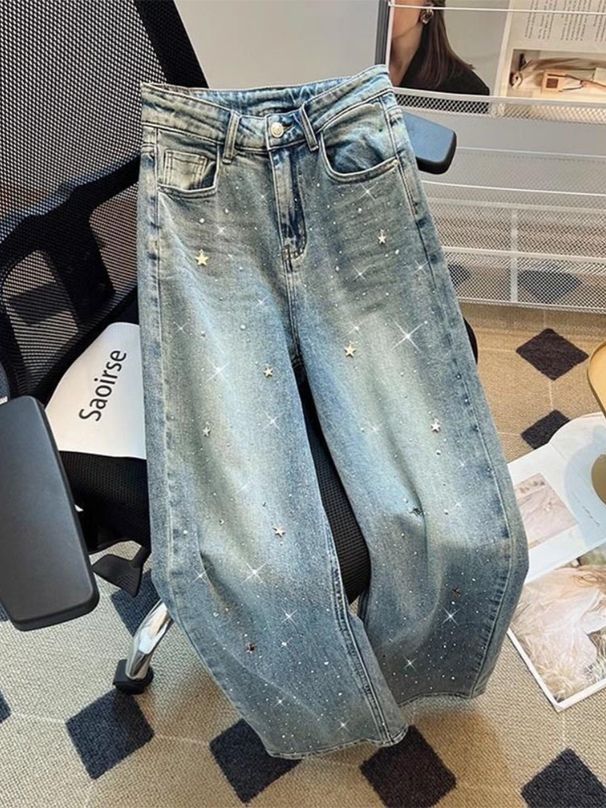 Women's High Waist Flared Jeans With Star Embroidery & Rhinestone Details, Wide Leg Long Pants For Casual & Office Wear _ecoleips.com