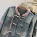 Women's Chinese Style Denim Jacket, Vintage Frog Button Floral Embroidered Jean Coat, Pink Trim Stand Collar Cropped Casual Outerwear For Daily Street_ecoleips.com