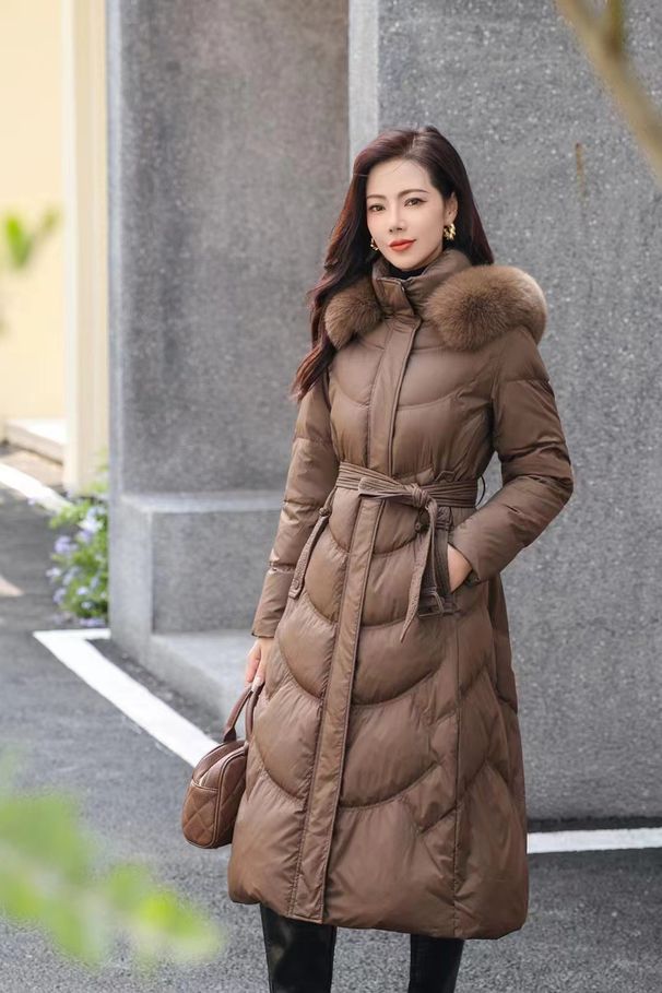 Luxury Fox Fur Trim Hooded Long Down Coat For Women - High Waist Slim Fit Winter Jacket With White Goose Feather Filling (Beige, Brown, Black)_ecoleips.com