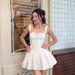 Women's Clothing Retro Sweet Lace Embroidery French Vintage Lace Embroidered Sweetheart Corset Tie Waist Flared Mini Dress – White (Sizes S, M, L)_ecoleips.com