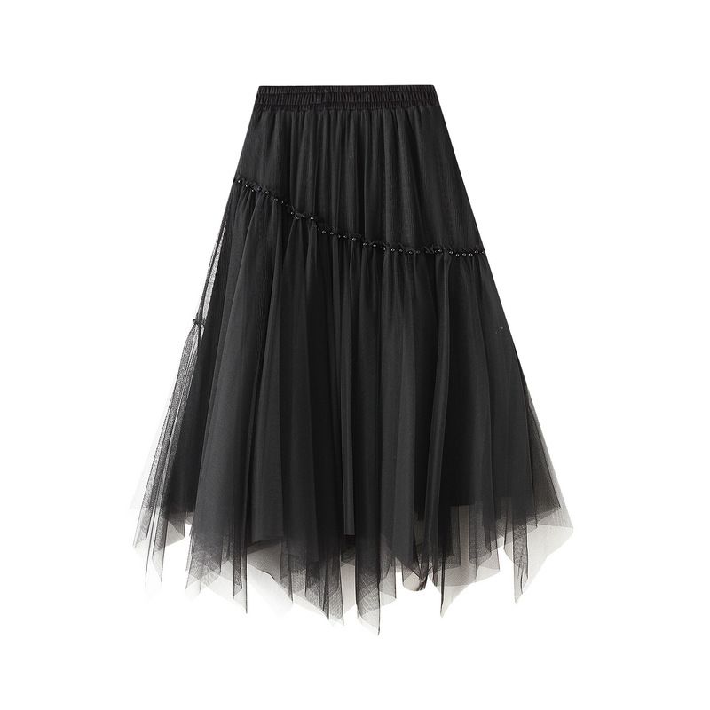2025 Autumn Women's Elastic Waist Fashion Beaded Versatile Slimming Solid Color Mid-Length Mesh Skirt 0890_ecoleips.com