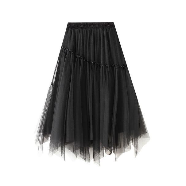 2025 Autumn Women's Elastic Waist Fashion Beaded Versatile Slimming Solid Color Mid-Length Mesh Skirt 0890_ecoleips.com
