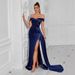 European And American Foreign Trade Hot-Selling Strapl Solid Color Off-Shoulder Sexy Slit Slim Evening Gown_ecoleips.com