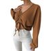 Voya 2026 Spring/Summer New European And American Women's Fashion Loose Casual V-neck Drawstring Waffle Long Sleeve T-shirt_ecoleips.com