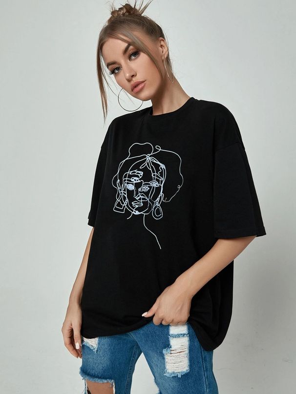 Women's Casual Black T-Shirt round Neck Short Sleeve Breathable Cotton Polyester Top Loose Fit Printed Sports Export Tee_ecoleips.com