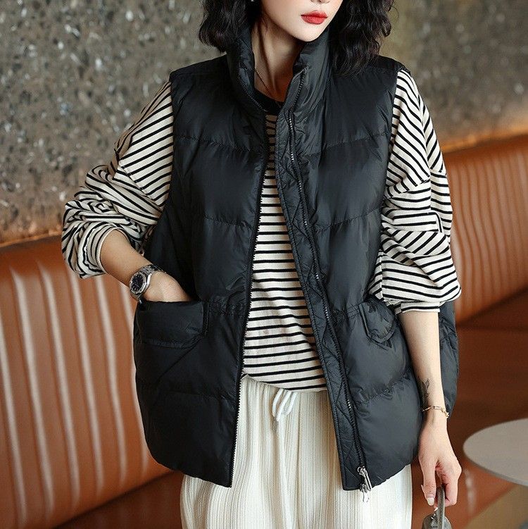 Women's Lightweight Down Vest For Autumn Winter - Warm Duck Feather Puffer Gilet With Stand Collar, Zipper Closure & Pockets_ecoleips.com