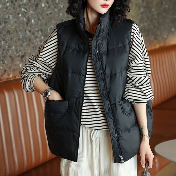 Women's Lightweight Down Vest For Autumn Winter - Warm Duck Feather Puffer Gilet With Stand Collar, Zipper Closure & Pockets_ecoleips.com