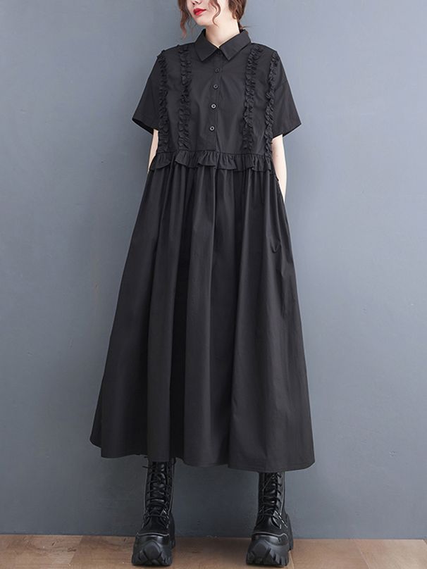 2026 Spring Summer New Patchwork Shirt Dresses For Women Short Sleeve Loose Casual Vintage Long Dress Fashion Elegant Clothing_ecoleips.com