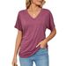 2026 European And American Cross-Border Trade Summer New Casual Pullover V-Neck Solid Color Loose T-Shirt Women's_ecoleips.com