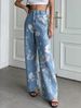 American Retro Blue Floral Print Jeans For Women Summer New Design High Waist Straight Wide Leg Long Pants_ecoleips.com