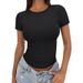 Aria Basics Aria Basics 2025 New Cross-Border Product: European And American Women's Fashion, Solid Color Top, Short-Sleeve Round Neck_ecoleips.com
