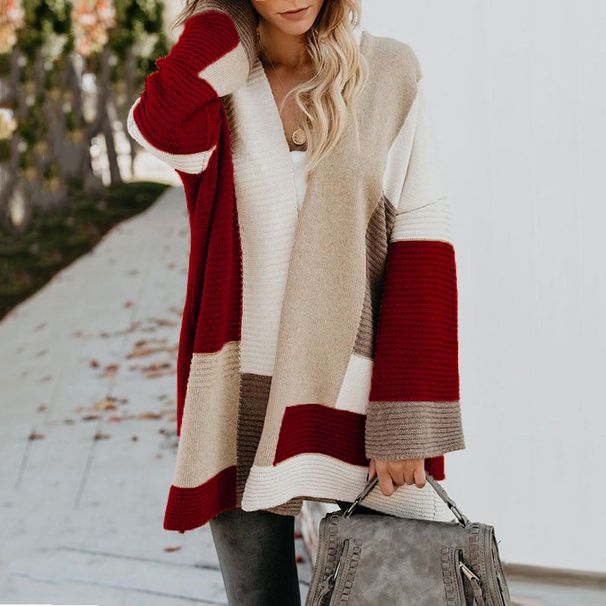 Women's Clothing Autumn And Winter Sweater Large Size Loose Geometric Colorblocking Sweater Cardigan_ecoleips.com
