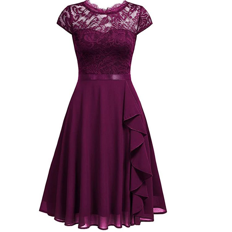 Half High Collar Short Sleeved Lace Lace Midi Skirt Chiffon Splicing Elastic Belt Dress_ecoleips.com