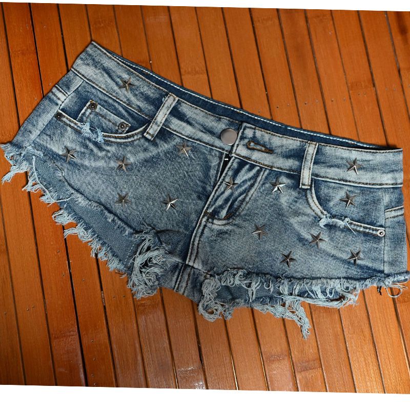 Raw Edge Washed Vintage Color Distressed Rivet Ultra-low-rise Hot Pants Sexy Nightclub Slim-fit Women's Denim Shorts_ecoleips.com