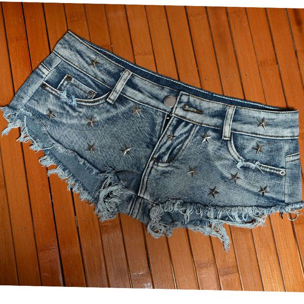 Raw Edge Washed Vintage Color Distressed Rivet Ultra-low-rise Hot Pants Sexy Nightclub Slim-fit Women's Denim Shorts_ecoleips.com