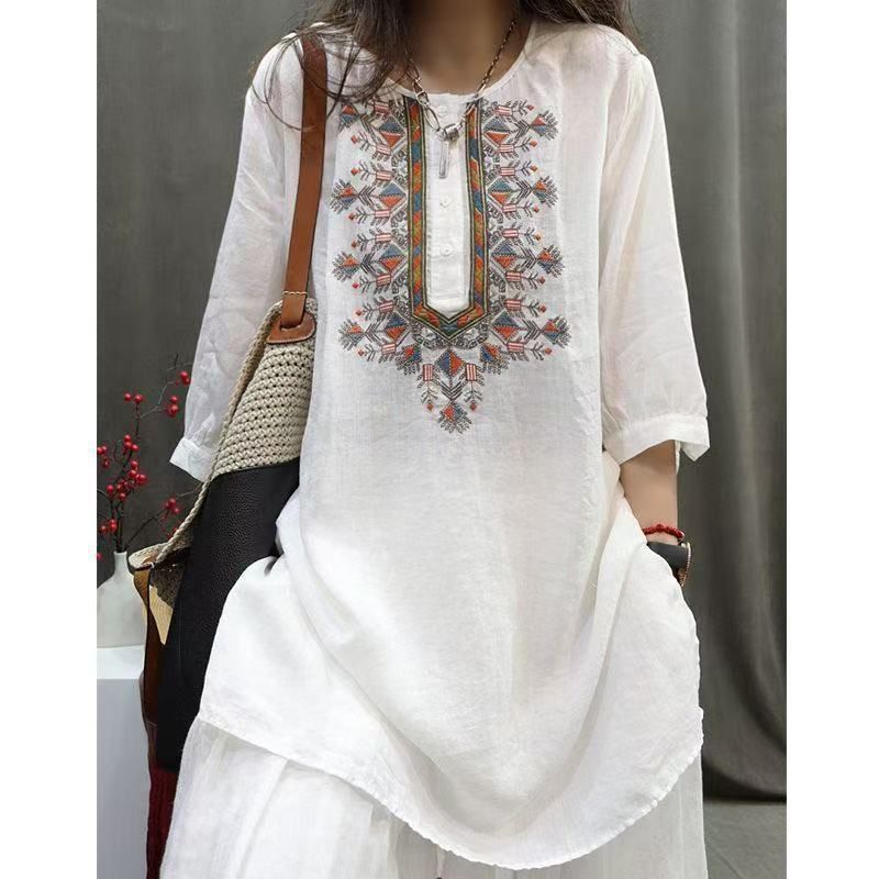 Women's Retro Embroidered Shirt Casual Literary Pullover Top Mid-Length Loose Fit Summer Heavy-Duty Cotton Linen_ecoleips.com