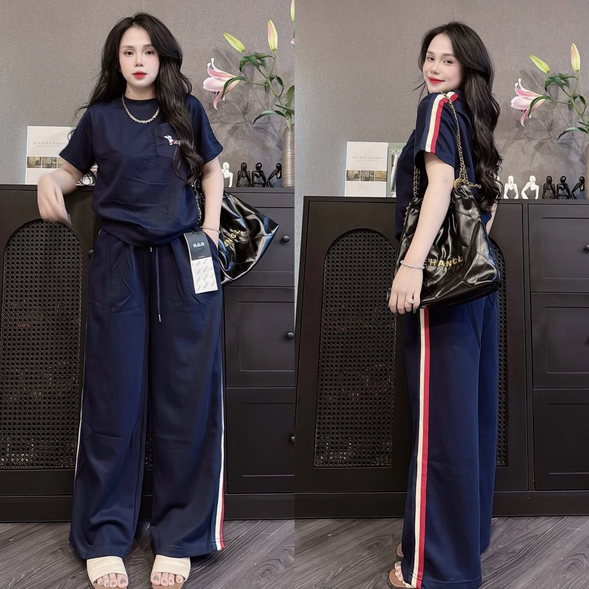 Women's Summer Casual Fashion Two Piece Set Cartoon Puppy Print Short Sleeved Top Wide Leg Pants Side Striped Wide Leg Pants_ecoleips.com