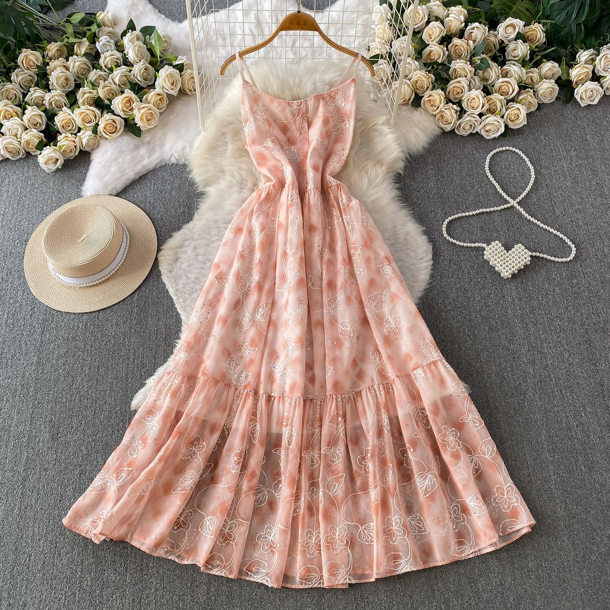 Women's Elegant V Neck Slip Dress With Heavy Crochet Sequins Slimming Sophisticated A Line Skirt For Summer_ecoleips.com