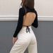 Voya Women's Semi High Neck Slim Fit T-shirt With Spring And Summer Backless Sexy Design Sense, Short Long Sleeved Top For Women_ecoleips.com