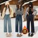 Fleece-lined Autumn Winter Petite Stretch Straight-leg Jeans For Women, High-waisted, Versatile, Warm, Thick, 7/8 Or_ecoleips.com