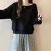 European American Style Solid Color Hoodless Long-sleeve Sweatshirt Women, Loose Slimming, Thin, One-shoulder Short Top_ecoleips.com