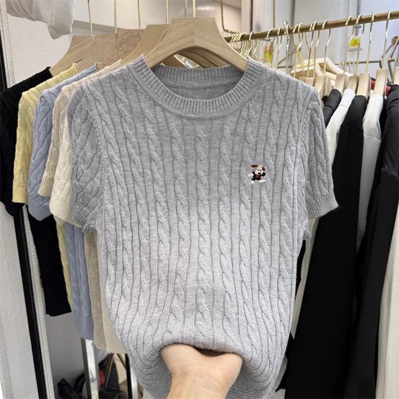 Women's Embroidered Cable Knit Short Sleeve Top Summer 2026 round Neck Versatile Youthful Stylish New Arrival_ecoleips.com