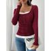 Leather Lace Long-Sleeved Patchwork Women's Slim-Fit T-Shirt Tops Wholesale For Plus-Size Women_ecoleips.com