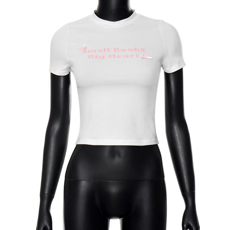 Y23TP626 Women's Autumn New Letter Printed Round Neck Short Sleeve Open Navel Top T-shirt For Women_ecoleips.com