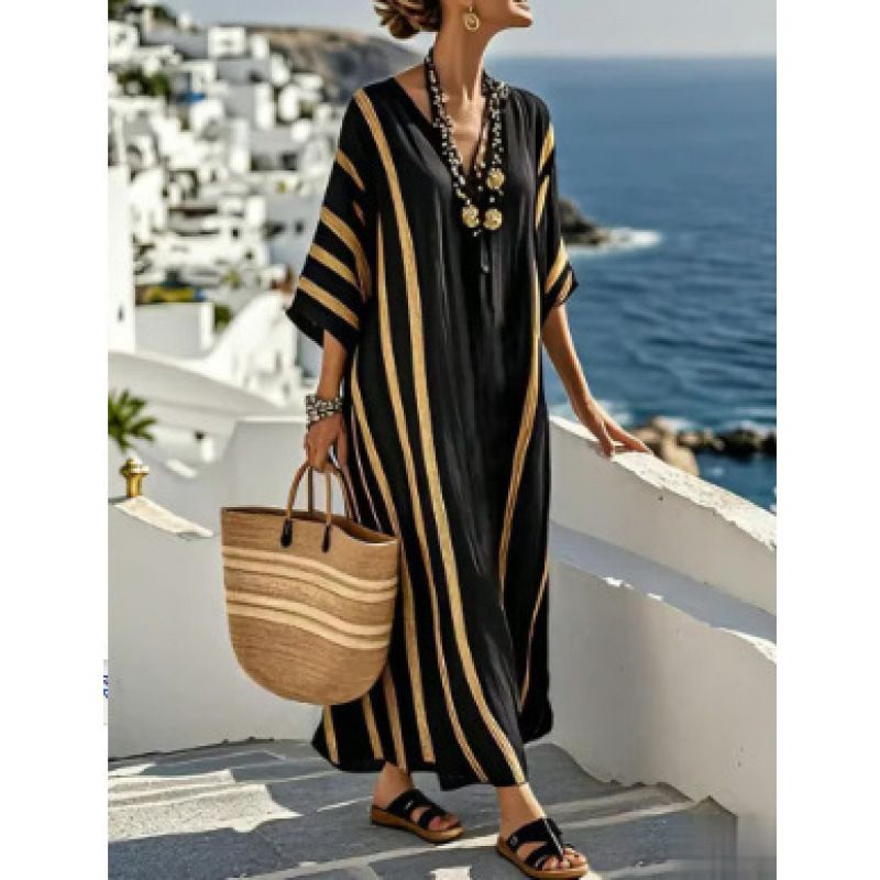 Kaftan Long Dress for Women Cross Border Digital Print Collar Three Quarter Sleeve Long Patch Pocket Style_ecoleips.com