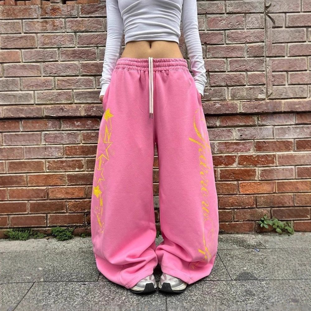Unisex American Style Relaxed Star Print Wide Leg Sweatpants Drawstring Casual Drapey Versatile Straight Leg Loose Fitting Trousers_ecoleips.com
