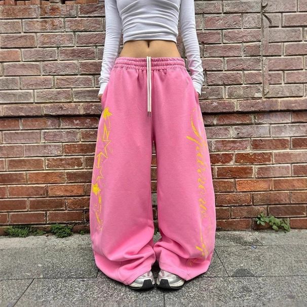 Unisex American Style Relaxed Star Print Wide Leg Sweatpants Drawstring Casual Drapey Versatile Straight Leg Loose Fitting Trousers_ecoleips.com