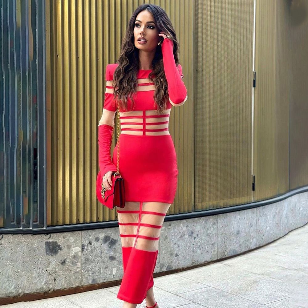 Classic Crew Neck, Long Sleeve, Stylish Patchwork Sheer Design, Figure‑Flattering Waist‑Cinching Silhouette, Chic Daily & Party Wear_ecoleips.com
