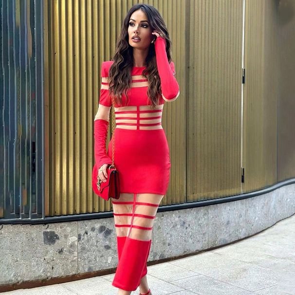 Classic Crew Neck, Long Sleeve, Stylish Patchwork Sheer Design, Figure‑Flattering Waist‑Cinching Silhouette, Chic Daily & Party Wear_ecoleips.com