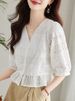 K Embroidered Blank Shirt, Women's Five Quarter Sleeved Short Top, V-neck Shirt_ecoleips.com