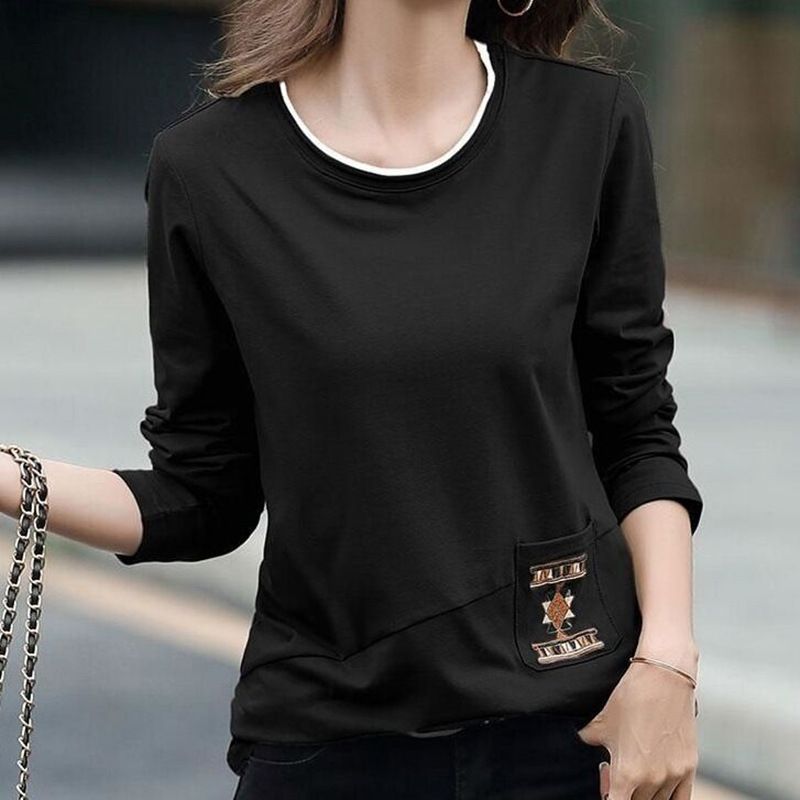 2026 Korean-Style Embroidered Pocketed Long-Sleeved T-Shirt For Women Perfect For Autumn; Available In Large Sizes, Fe_ecoleips.com