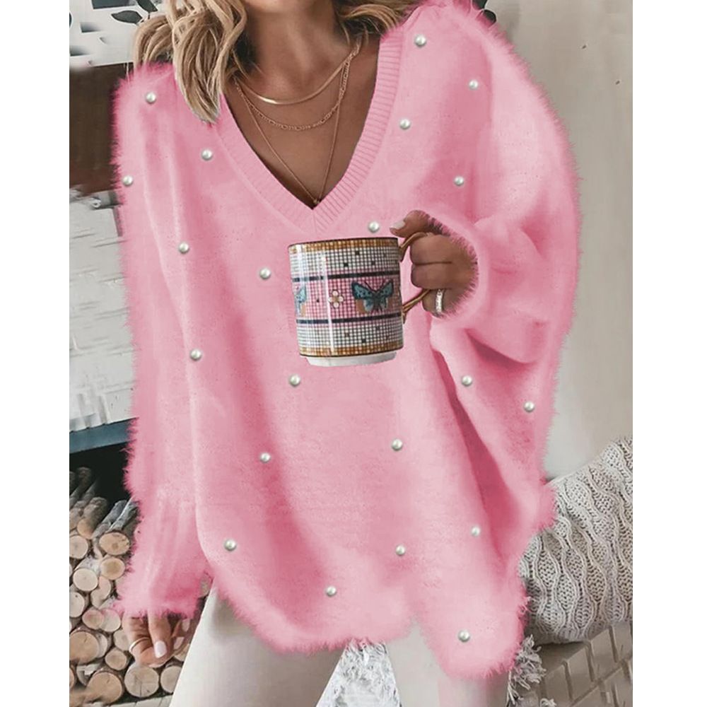 Women's V-Neck Beaded Sweater – Trendy Oversized Knit Top For Casual & Streetwear (S-XXL, Acrylic-Polyester Blend, Lightweight Comfort In 4 Colors)_ecoleips.com